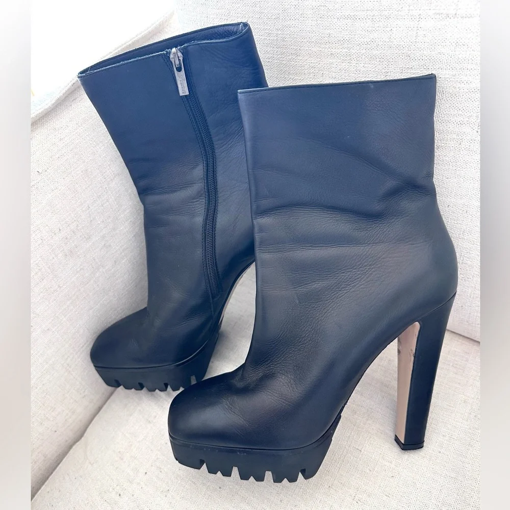 Le Silla Black Leather Mid Calf Square Toe Platform Boots Size 39 (US 8.5-9) - Picture 9 of 12